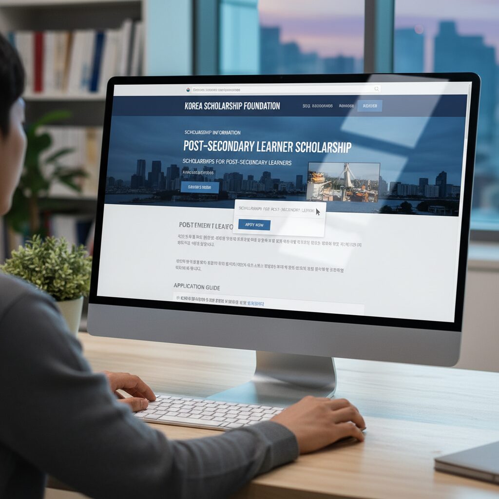 한국장학재단 홈페이지에서 고졸 후학습자 장학금 신청 페이지를 찾아가는 과정을 보여주는 모니터 화면
