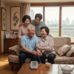 가족과 함께 혈압을 측정하며 웃고 있는 노부부의 모습