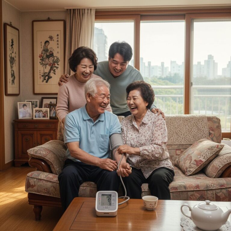 가족과 함께 혈압을 측정하며 웃고 있는 노부부의 모습