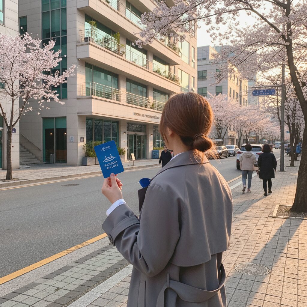 인천 e음 카드를 손에 들고 산후조리원 건물을 바라보는 여성의 뒷모습