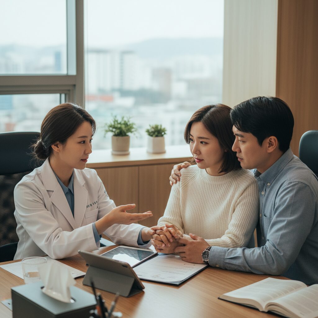 난임부부가 병원에서 진단서를 받고 상담하는 모습