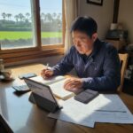 제주도 농민이 농업경영정보를 확인하며 농민수당 신청 서류를 준비하는 모습