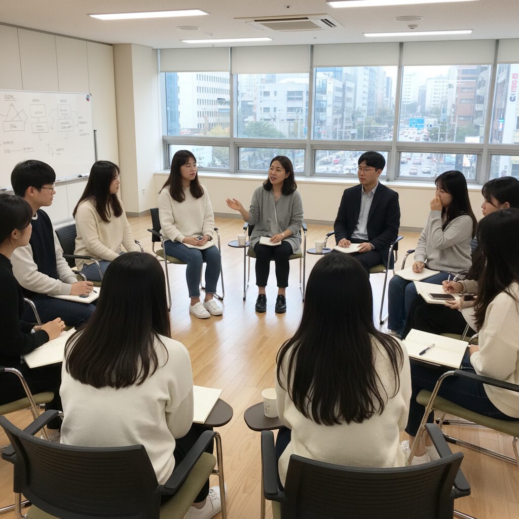 구직자들이 함께 모여 집단 상담을 받고 있는 모습