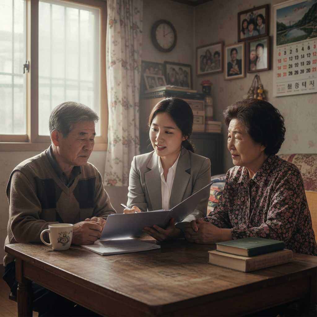 법률홈닥터 변호사가 취약계층 가정을 방문하여 무료 법률 상담을 제공하는 상황을 상징적으로 표현한 이미지