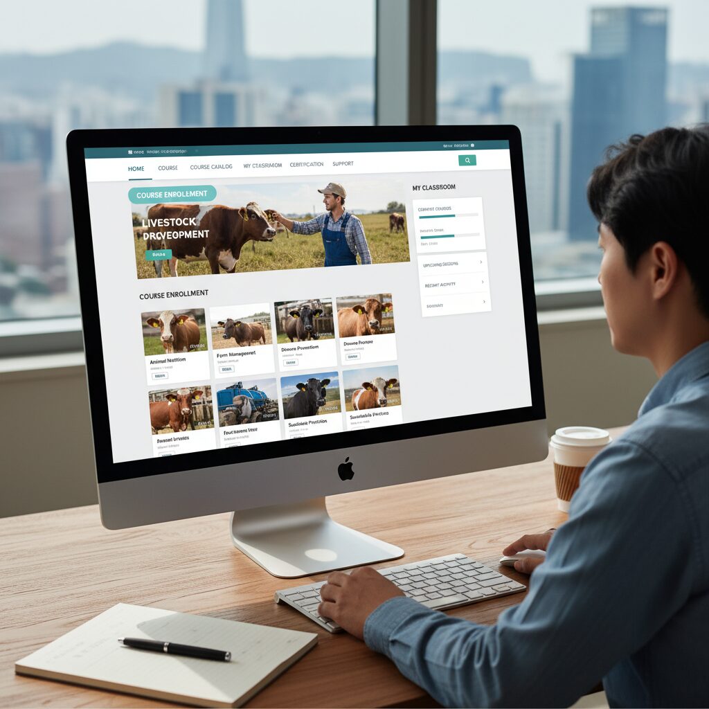 축산관련종사자교육 온라인 시스템 화면 예시, 교육신청과 나의 강의실 메뉴가 강조되어 있음