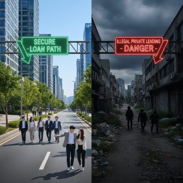 불법사금융예방대출 개념을 나타내는 이미지, 안전한 대출 경로를 가리키는 길과 위험한 갈림길