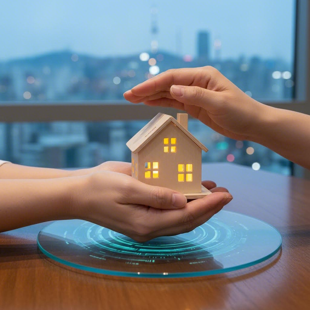 도민안전보험 개념을 표현한 손과 집 모형 사진