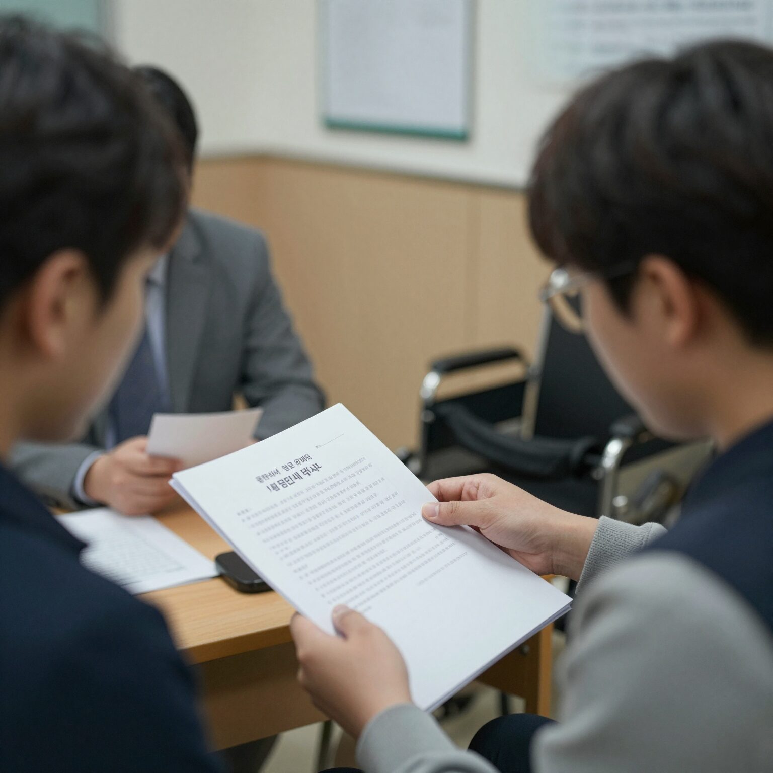 저소득 장애인이 동사무소에서 상담받으며 진단비 지원 서류를 확인하는 모습