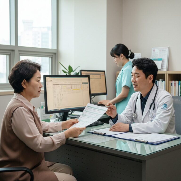 의료급여 수급권자가 병원에서 건강검진 표를 제시하며 상담받는 모습