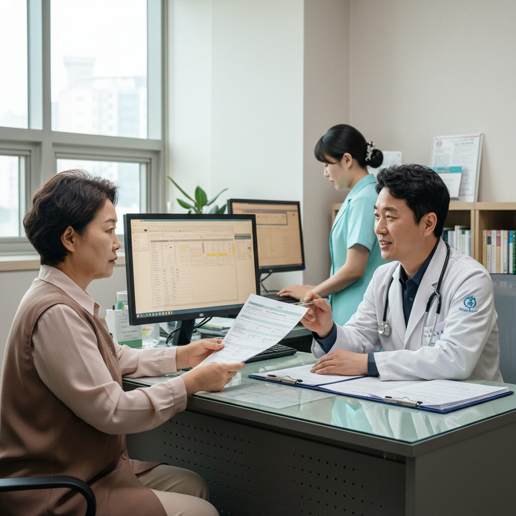 의료급여 수급권자가 병원에서 건강검진 표를 제시하며 상담받는 모습