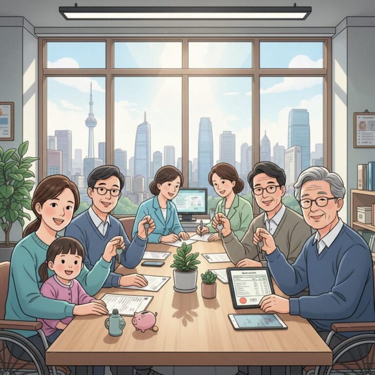 미소금융 자립자금 대출이 사회적 취약계층의 생활 안정과 경제적 자립을 돕는 과정을 표현한 일러스트