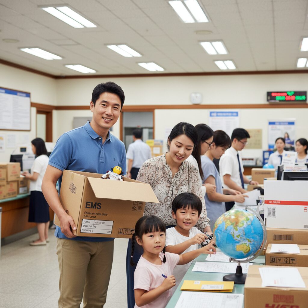 다문화 가족이 우체국에서 EMS 소포를 보내는 모습