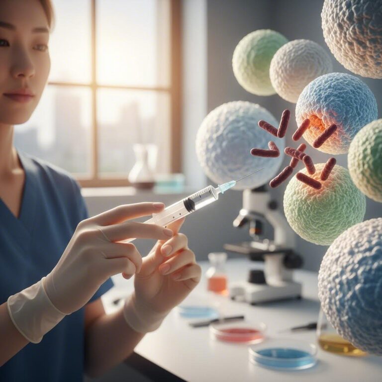 폐렴구균 예방접종 개념을 상징하는 주사기와 면역 세포 이미지