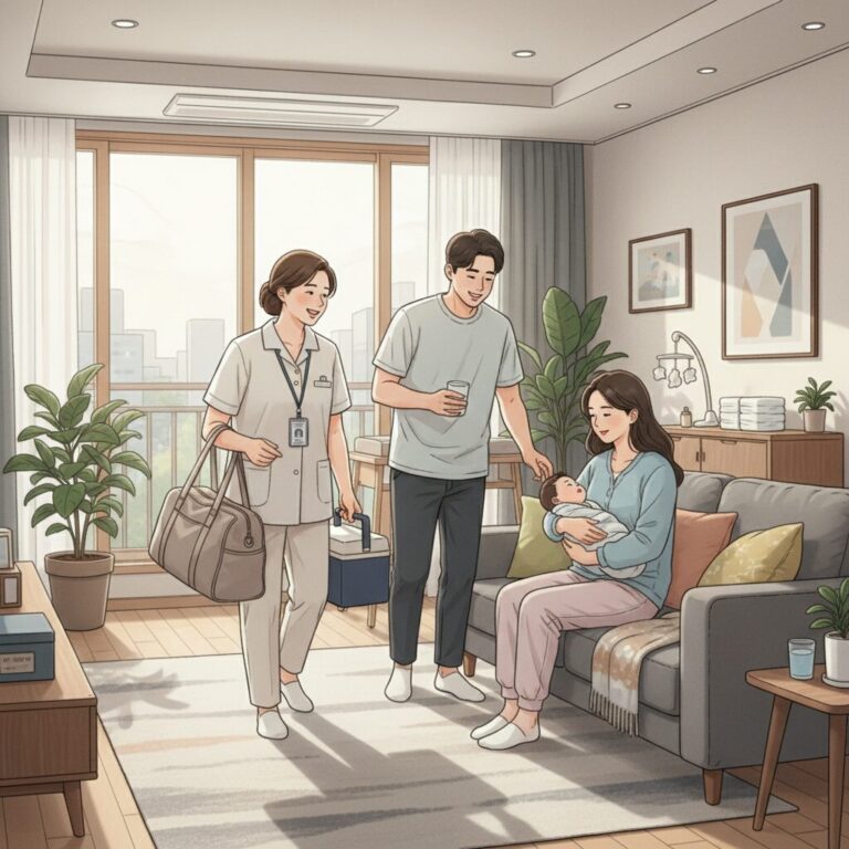 산모와 신생아를 돌보는 산후관리사가 가정을 방문하는 일러스트