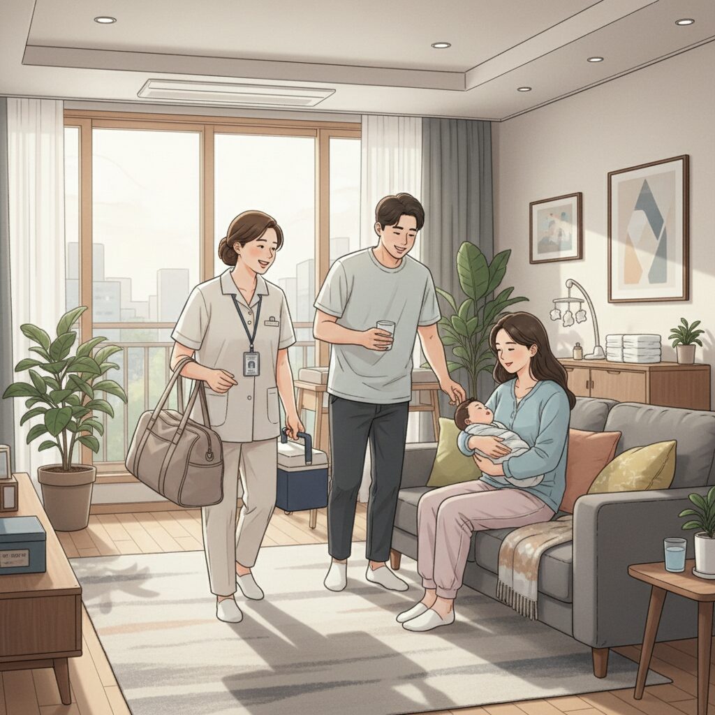 산모와 신생아를 돌보는 산후관리사가 가정을 방문하는 일러스트