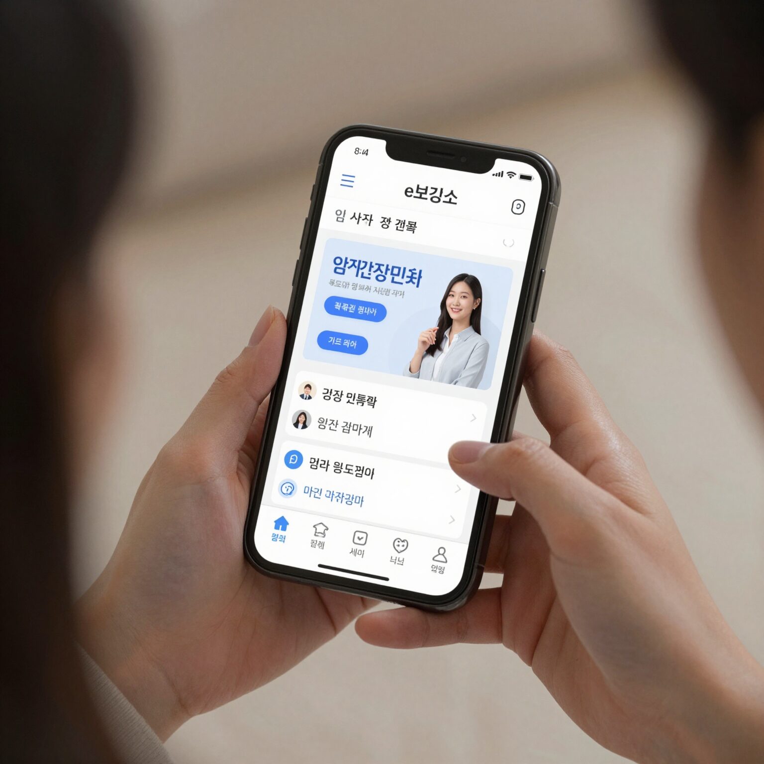임신 사전건강관리 지원을 받기 위해 e보건소 웹사이트를 모바일로 확인하는 여성의 손
