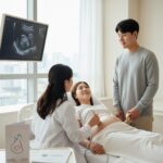 화성시 태아 기형아 검사비 지원 안내 이미지로 임산부가 병원에서 초음파 검사를 받는 장면을 상징적으로 표현