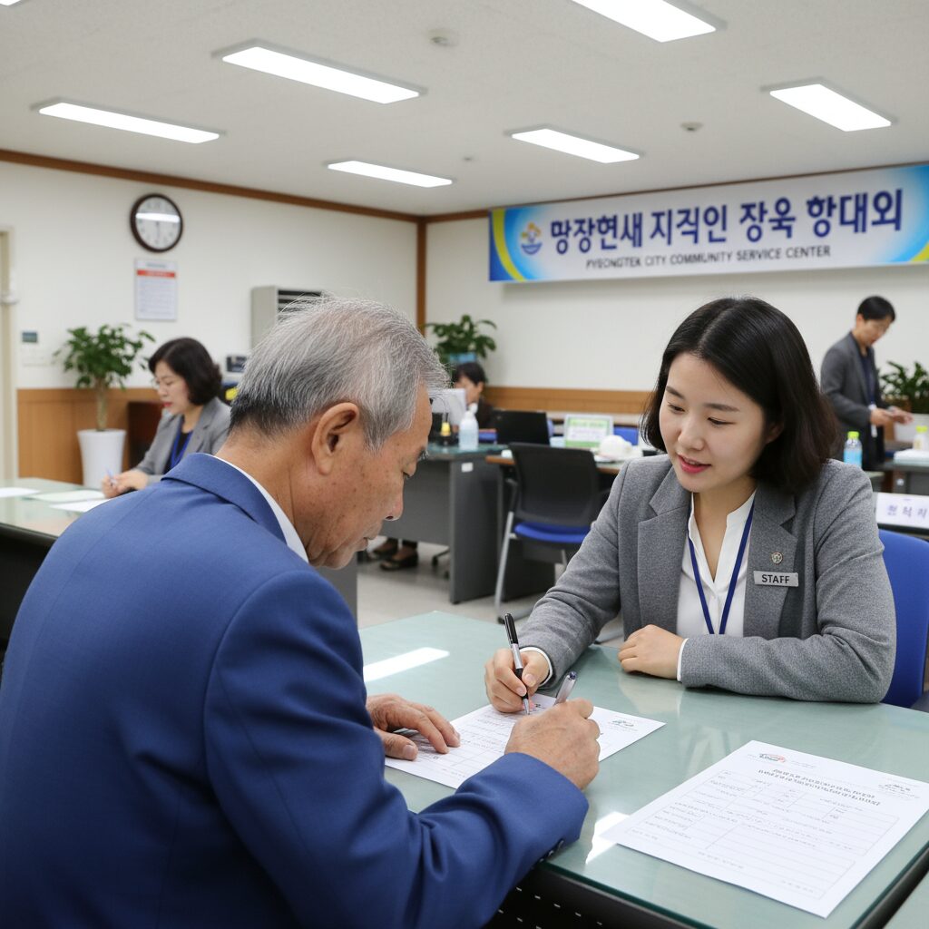 평택시 주민센터에서 국가보훈대상자 명절위로금 신청서를 작성하는 모습