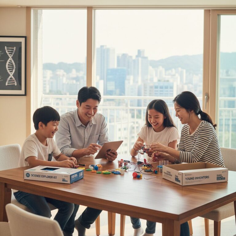 과학문화바우처를 설명하는 이미지, 가족이 과학 실험 키트를 즐겁게 조립하고 있는 모습