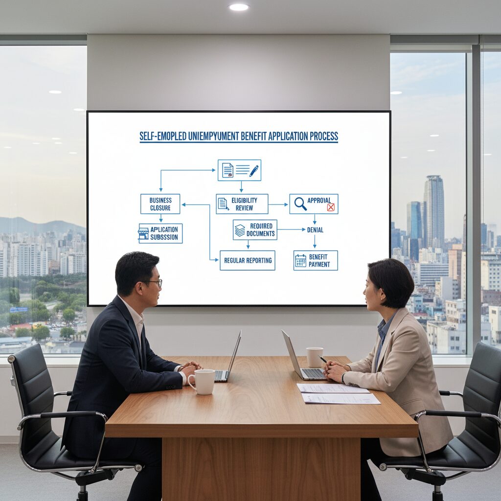 자영업자 실업급여 신청 과정을 설명하는 다이어그램 이미지