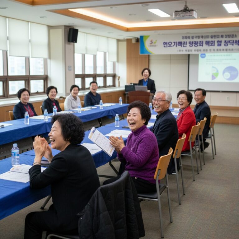 노인 일자리 지원 사업 설명회 현장에서 웃고 있는 어르신들