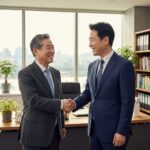 정년을 넘긴 시니어 직원과 사업주가 웃으며 악수하는 모습