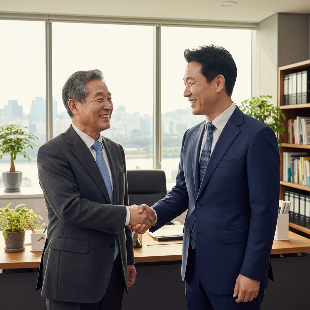 정년을 넘긴 시니어 직원과 사업주가 웃으며 악수하는 모습