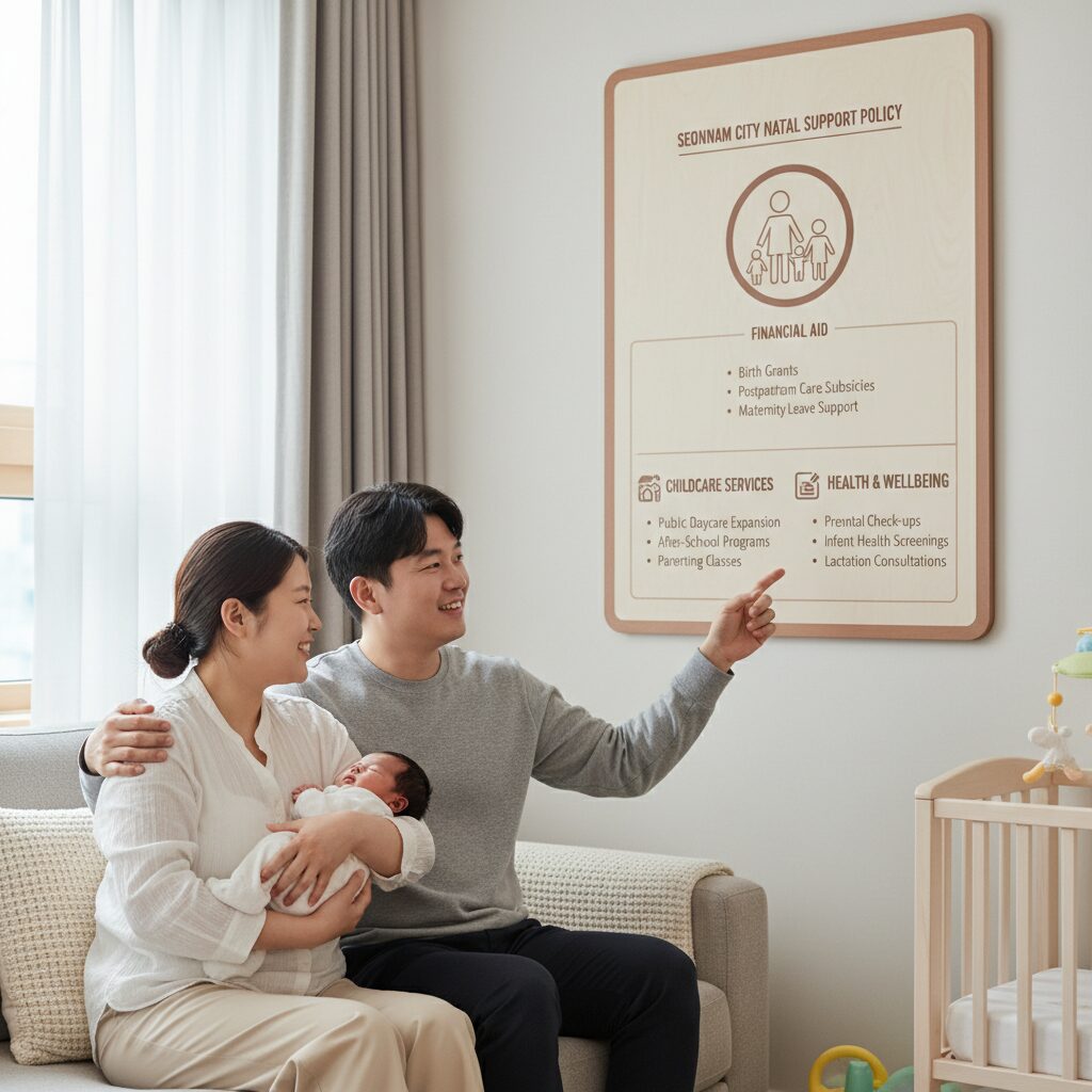 성남시 출산 지원 정책 안내판과 아기 사진
