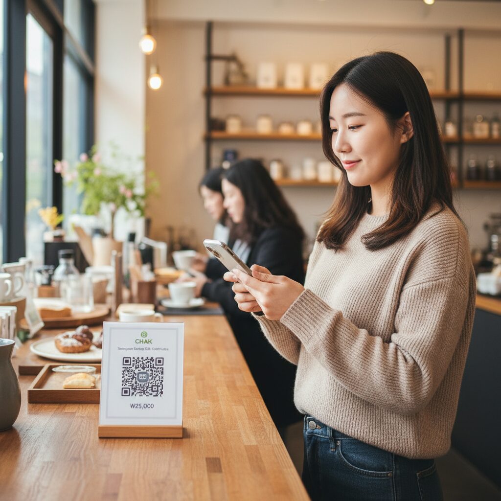스마트폰으로 성남사랑상품권 Chak 앱을 이용해 매장의 QR코드를 스캔하여 결제하는 모습