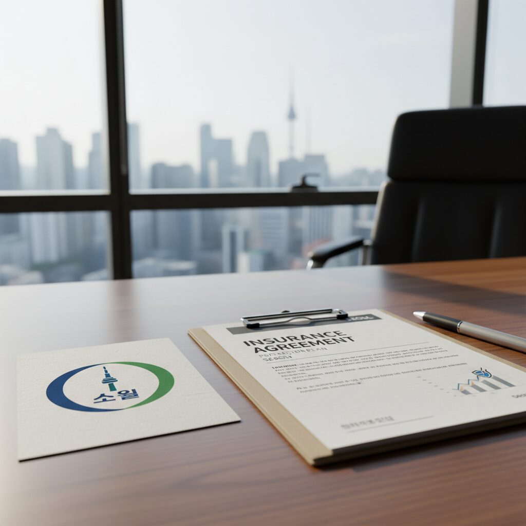 서울시 마크와 보험 관련 문서가 나란히 놓여 있는 개념 이미지