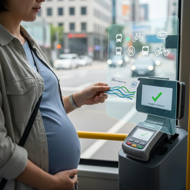 서울시 임산부 교통비 지원 바우처 사용을 나타내는 이미지, 카드 결제와 다양한 교통 수단 아이콘