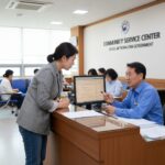 행정복지센터 상담 데스크에서 한부모가족복지시설 정보를 확인하는 모습