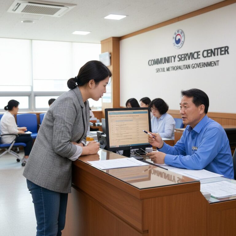 행정복지센터 상담 데스크에서 한부모가족복지시설 정보를 확인하는 모습