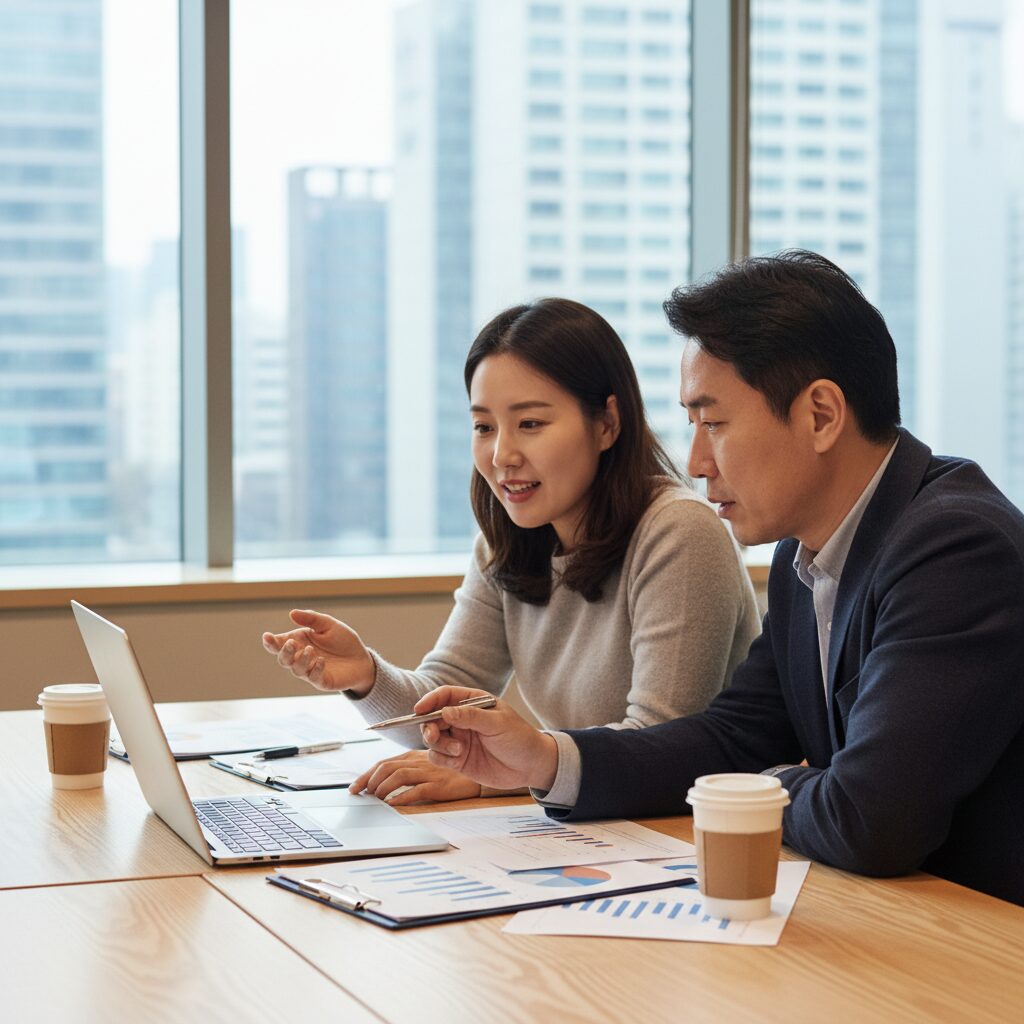 소상공인과 전문 컨설턴트가 노트북을 보며 경영 컨설팅을 진행하는 모습