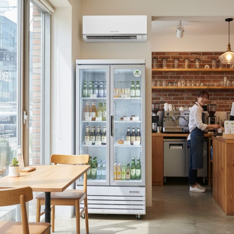 소상공인 매장에 설치된 고효율 에어컨과 냉장고 사진