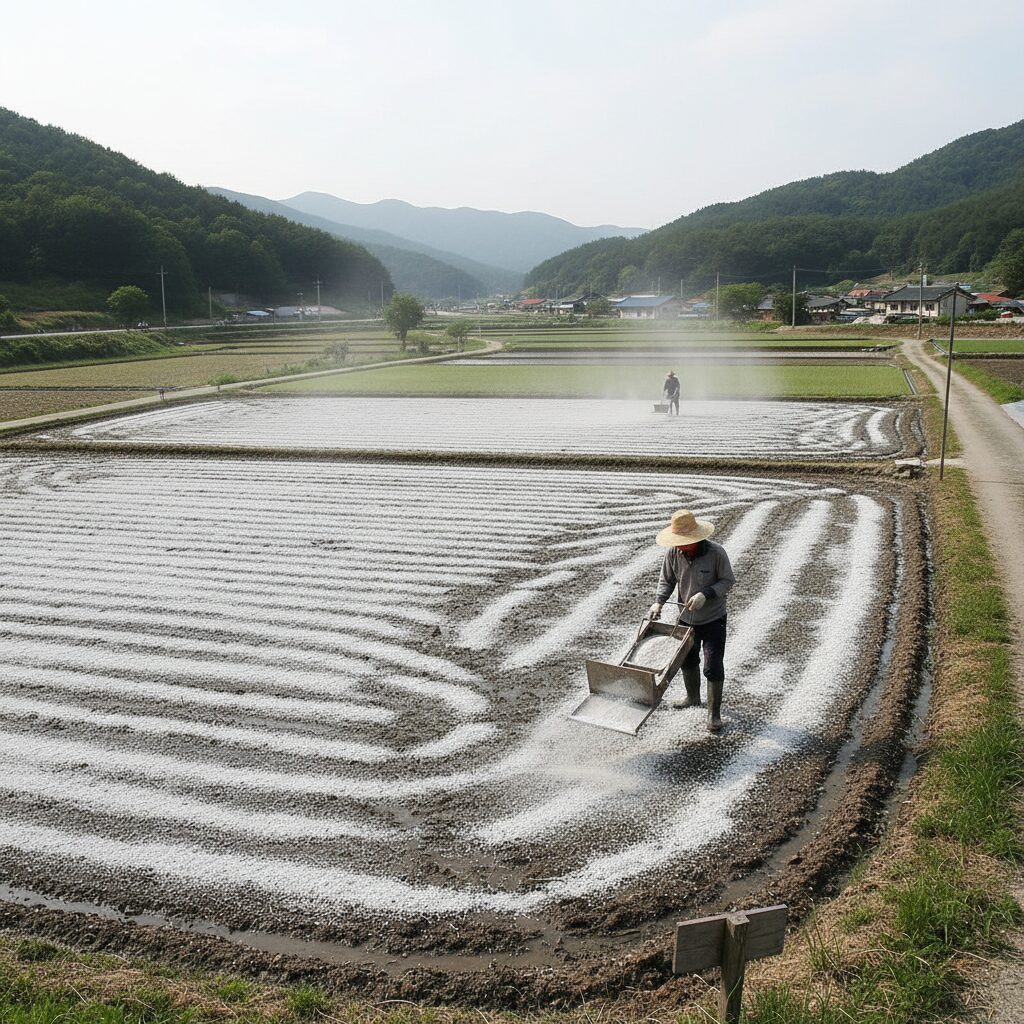 논밭에 규산질 비료와 석회질 비료가 뿌려져 있는 모습