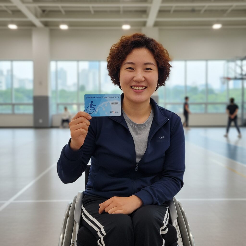 장애인 스포츠강좌이용권 카드를 손에 들고 웃는 사람