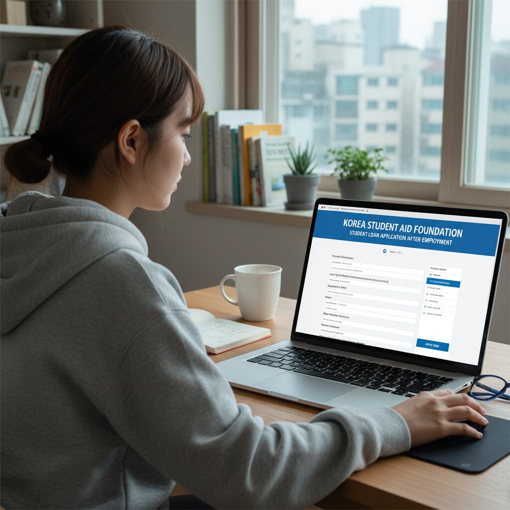 컴퓨터 화면에서 한국장학재단 취업 후 상환 학자금대출 신청 페이지를 보는 여성 대학생