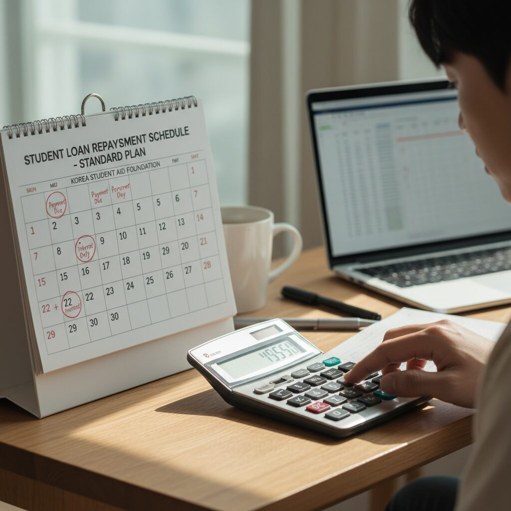 일반 상환 학자금대출 상환 일정을 표시한 달력과 계산기