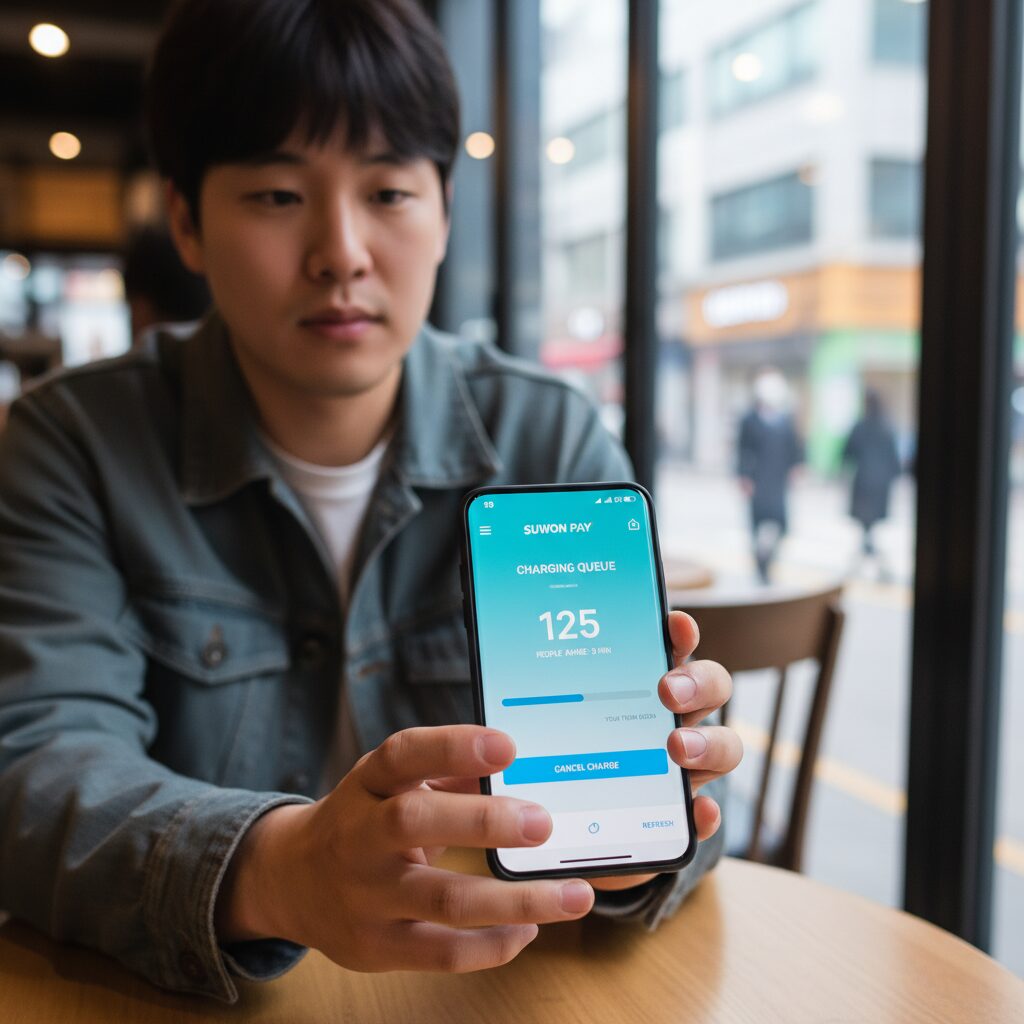 수원페이 앱에서 충전 대기열이 표시된 모바일 화면