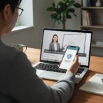 노트북 화면에 나타난 실업급여 온라인 교육 동영상 재생 화면과 손에 든 휴대폰에 나타난 고용보험 앱 아이콘