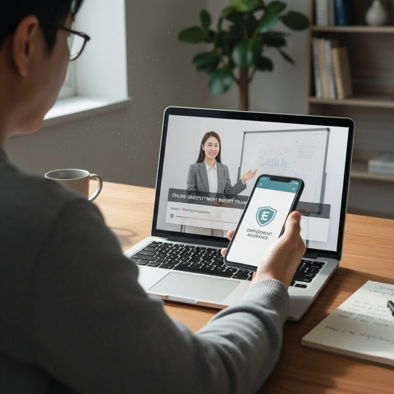 노트북 화면에 나타난 실업급여 온라인 교육 동영상 재생 화면과 손에 든 휴대폰에 나타난 고용보험 앱 아이콘