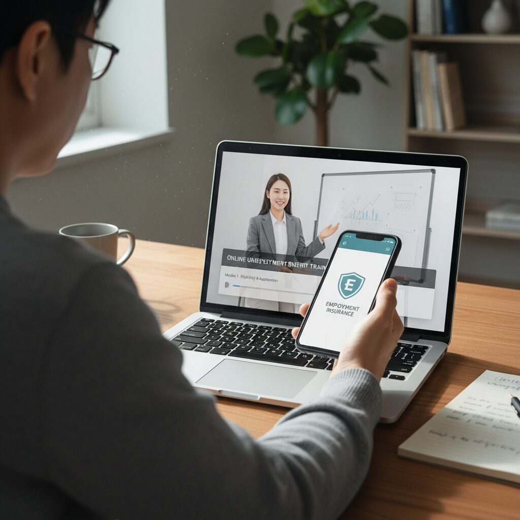 노트북 화면에 나타난 실업급여 온라인 교육 동영상 재생 화면과 손에 든 휴대폰에 나타난 고용보험 앱 아이콘