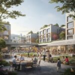 다양한 세대가 함께 어울려 살 수 있는 통합공공임대주택 단지의 현대적인 외관과 공동체 공간