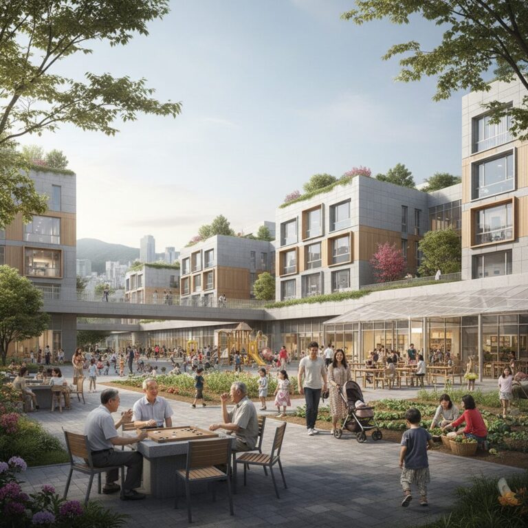 다양한 세대가 함께 어울려 살 수 있는 통합공공임대주택 단지의 현대적인 외관과 공동체 공간