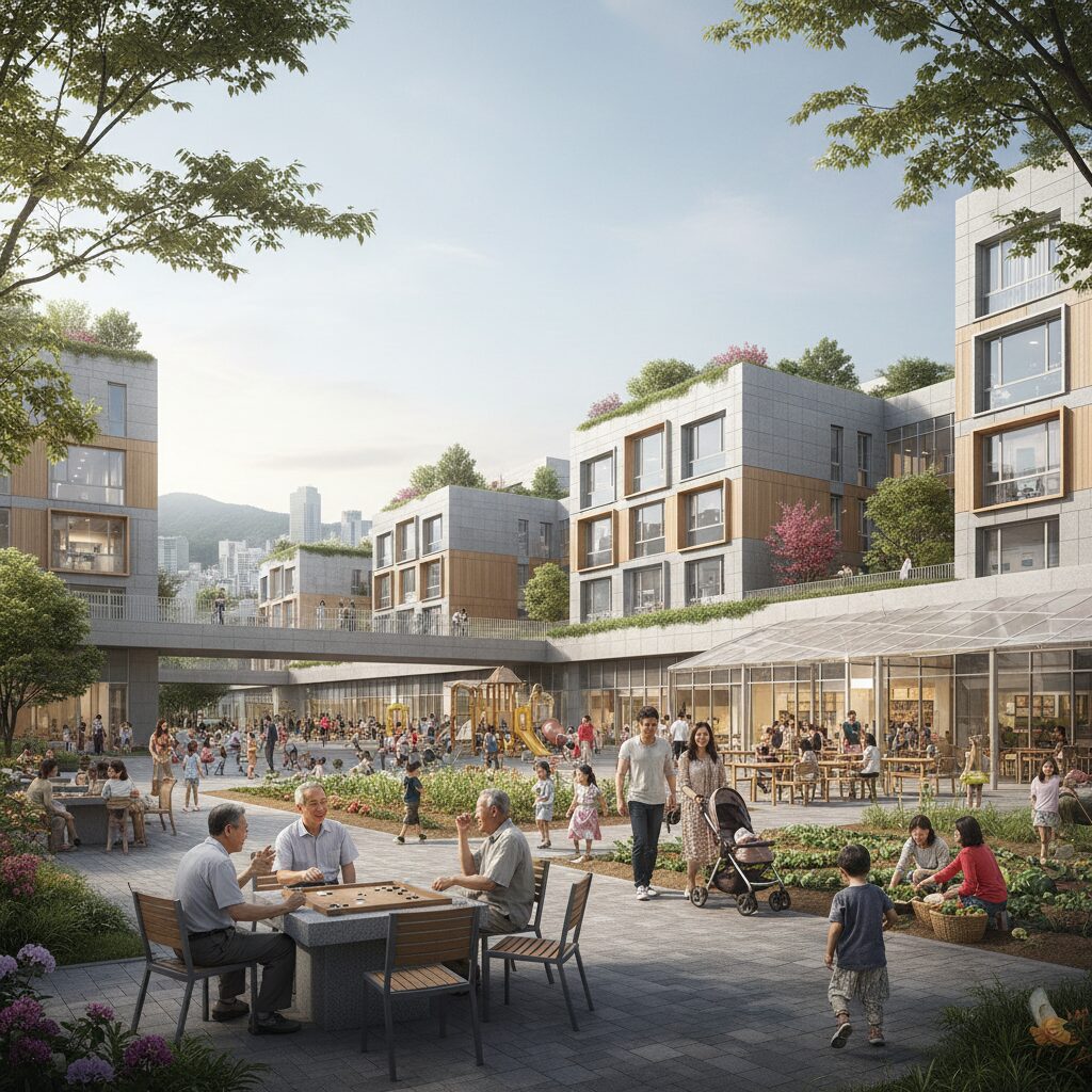 다양한 세대가 함께 어울려 살 수 있는 통합공공임대주택 단지의 현대적인 외관과 공동체 공간