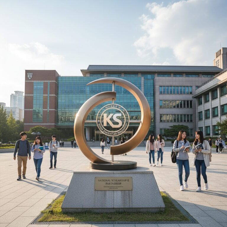 대학 건물과 한국장학재단 로고가 함께 있는 이미지로 국가장학금 2유형의 협력 개념 표현