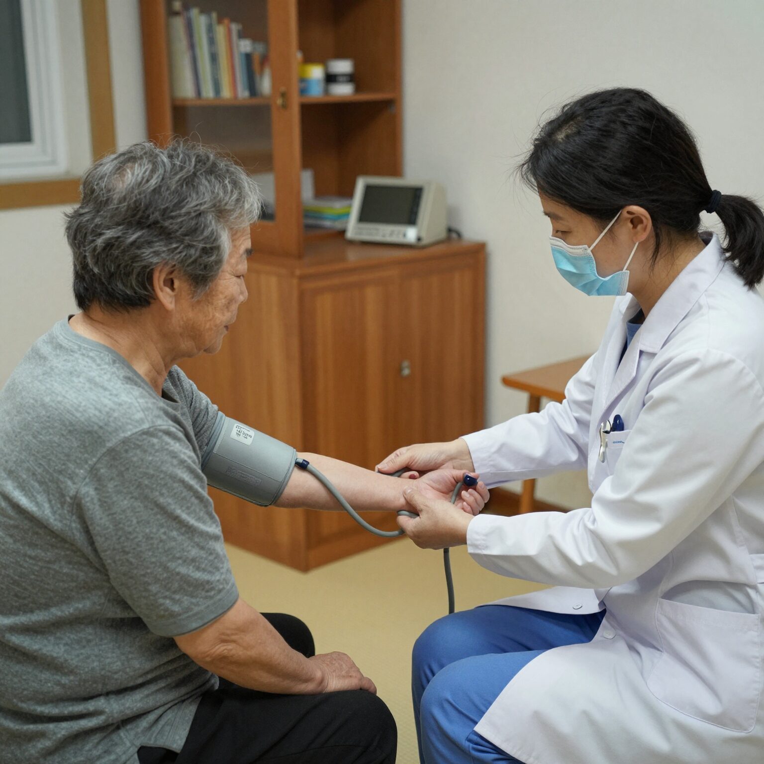 간호사가 어르신의 집에서 혈압을 측정하며 건강 상담을 나누는 모습