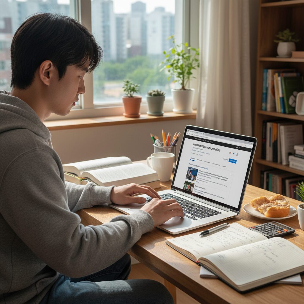 직업훈련생이 노트북으로 학습하며 생계비대부 관련 정보를 확인하는 모습