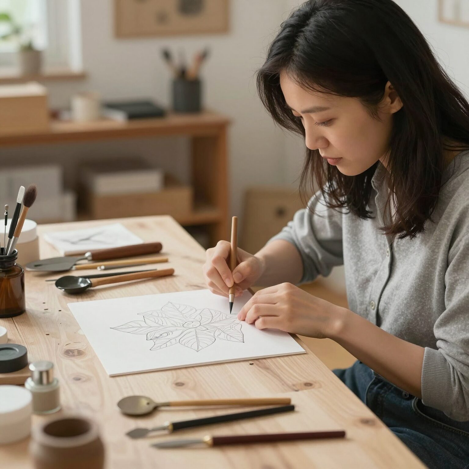 집에서 다양한 수공예 도구를 사용하여 작품을 만드는 여성의 손